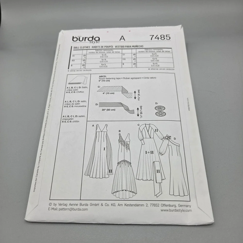 Burda Style 7485 Doll Clothes Sewing Pattern 11.5 Fashion Doll Gowns Dresses